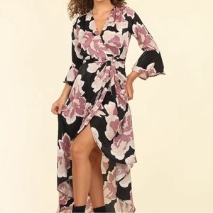 Veronica M Romano Wrap Maxi Dress With Bell Sleeve size L - black pink floral